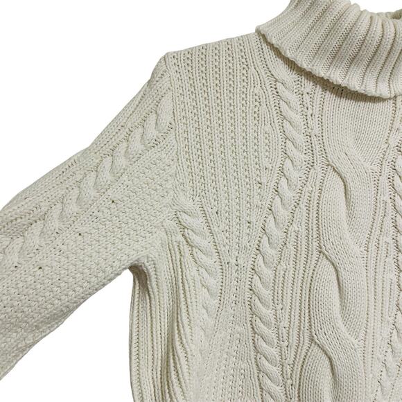 Land's End Cable Knit Fisherman Turtleneck Sweater Size L Ivory Cotton Classic - Picture 3 of 13